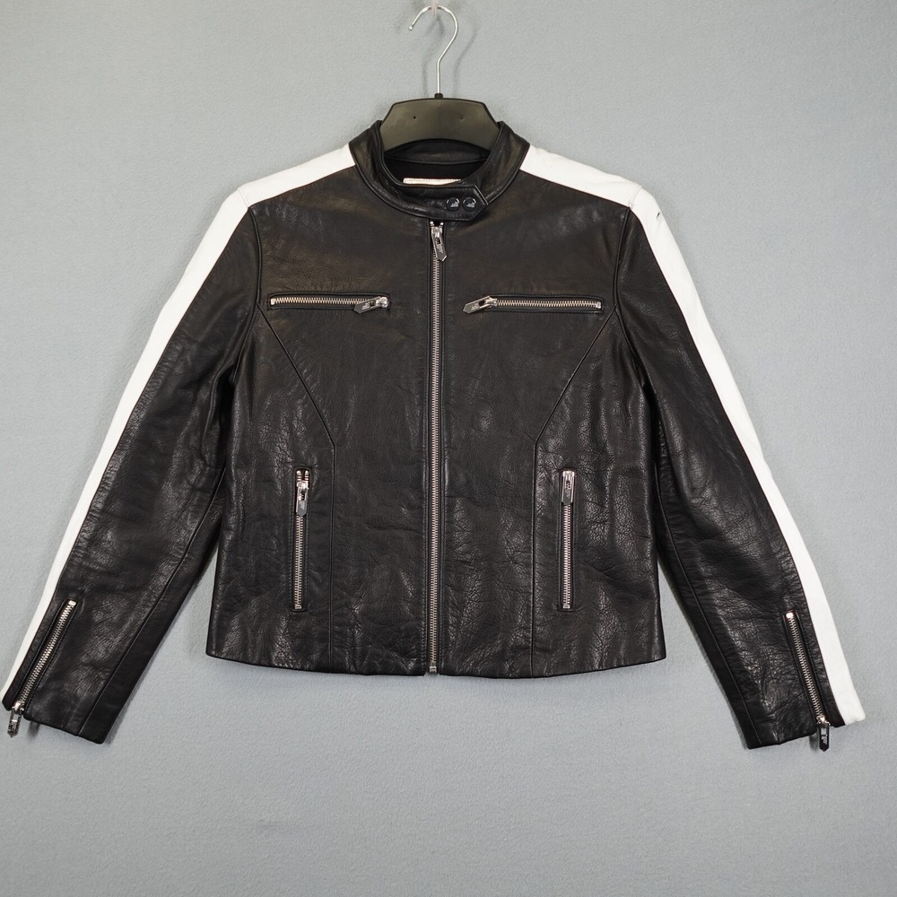 The Mighty Company Leather Jacket Womens L Black White Moto Biker Racing Stripe